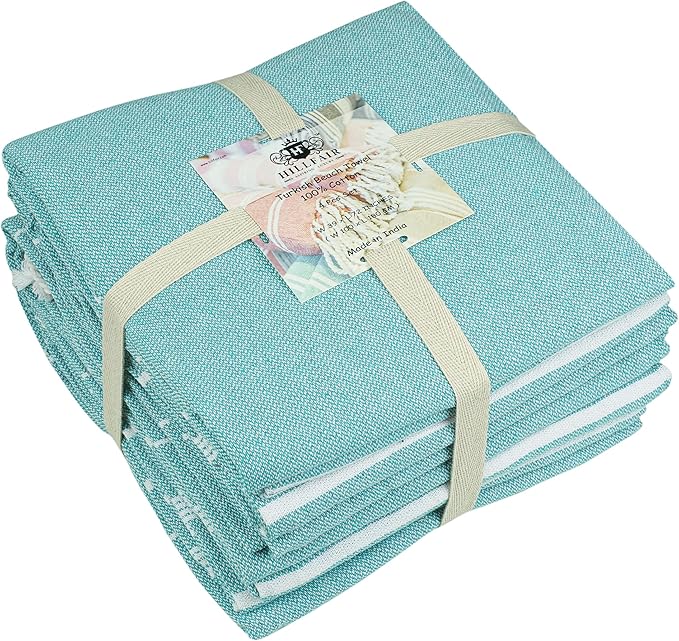 HILLFAIR Cotton Turkish Beach Towels, Quick Dry Lightweight Sand Free Peshtemal Towel for Bath Swim Yoga Spa Travel, Beach Accessories, Oversized Cotton Turkish Towels (39 x 72 inch- 4 Pack Aqua)