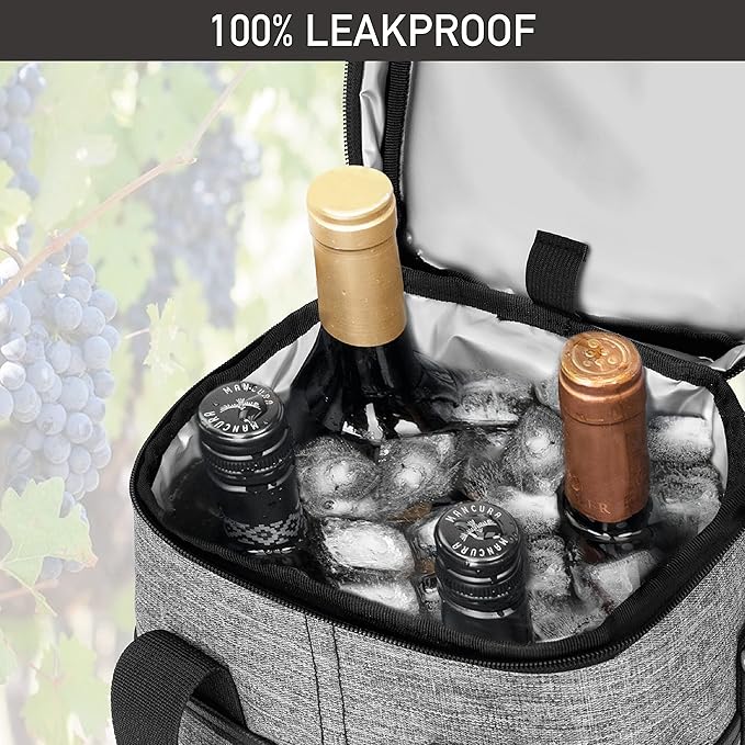 Opux 4 Bottle Insulated Wine Cooler Bag - Leakproof Padded Portable Wine Bottle Tote for Travel Picnic BYOB - Heather Gray