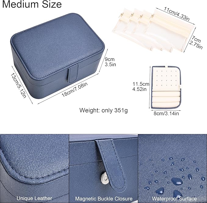2 Layer Portable Jewelry Box, Large Jewelry Travel Case with 4 Velvet Jewelry Pouches, Medium Size Jewelry Organizer Box for Earrings, Necklaces, Bracelets (dark blue)