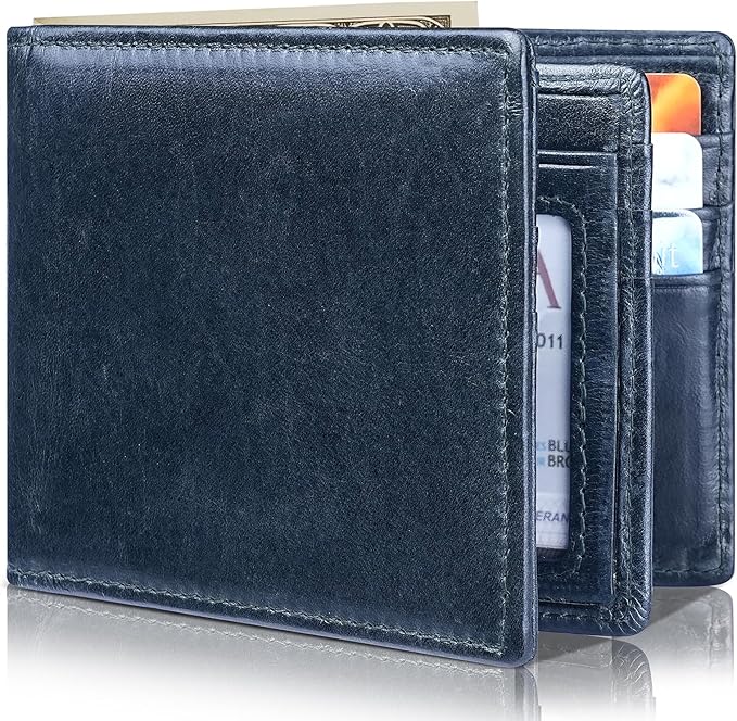 Mens Wallet Bifold Genuine Leather RFID Blocking Wallet for Men with 1 ID Windows 13 Card Holders 2 cash pockets 1 Gift Box