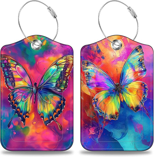 2 Pack Luggage Tags for Suitcases Colorful Butterfly Leather Luggage Tags Privacy Cover ID Label with Stainless Steel Loop and Address Card for Women Men Travel Bag Backpack