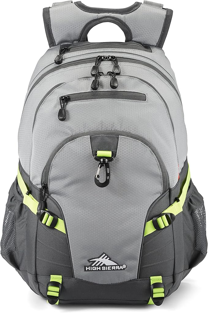 High Sierra Loop Backpack, Travel, or Work Bookbag with tablet sleeve, One Size, Steel Grey/Mercury/Neon Green