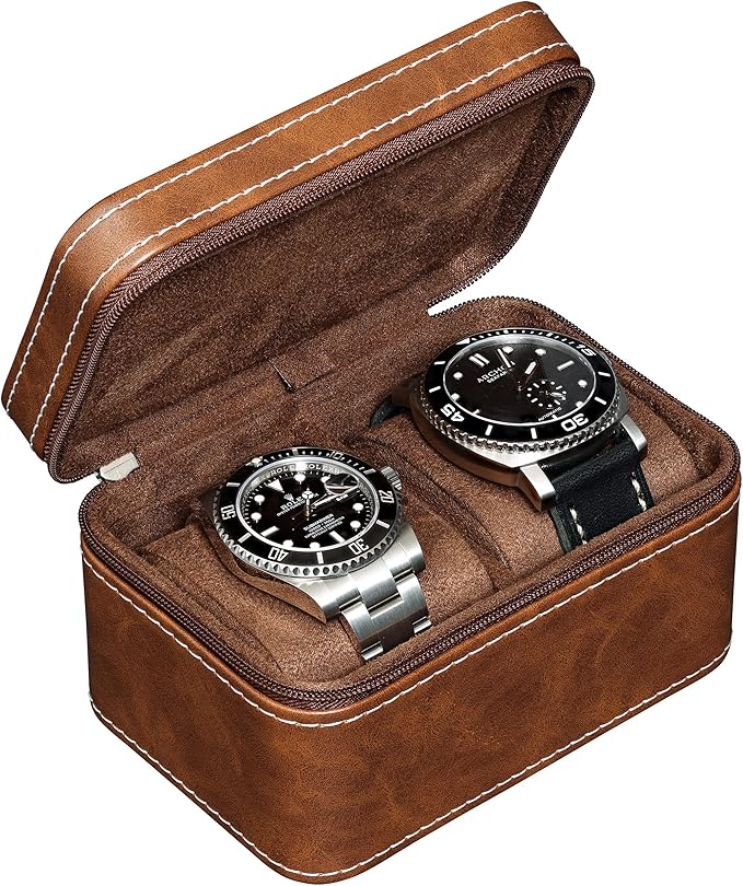 ROTHWELL 2 Watch Travel Case for Men | Compact PU Leather Protective Box with Microsuede Interior | Fits Watches & Smartwatches Up to 55mm (Tan/Brown)