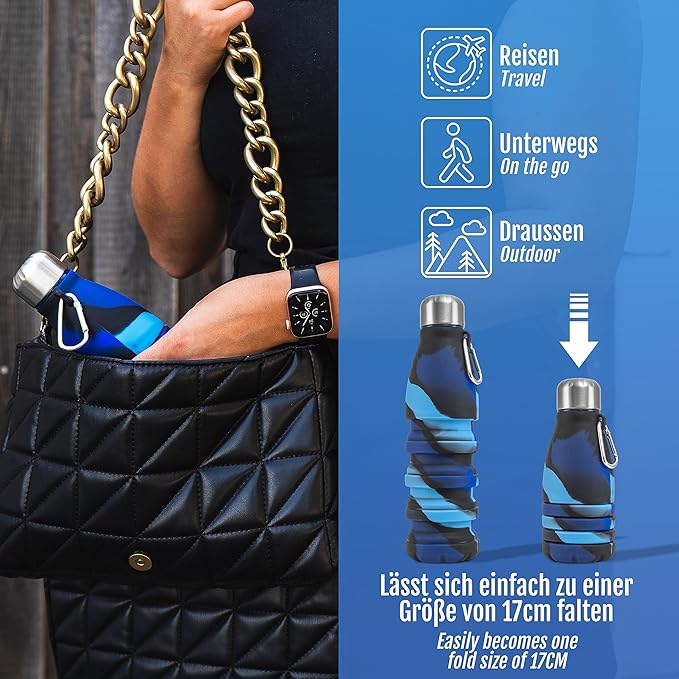Foldable Drinking Bottle - BPA-free, leak-proof - Ideal festival accessory and practical outdoor companion with carabiner (Dark blue)