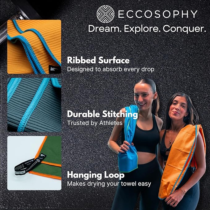 ECCOSOPHY Microfiber Beach Towel – Quick Dry Gym Towel, Highly Absorbent with Ribbed Texture, Lightweight – Ideal for Travel, Pool, Yoga, Fitness & Outdoor Adventures – 71x35 Azure