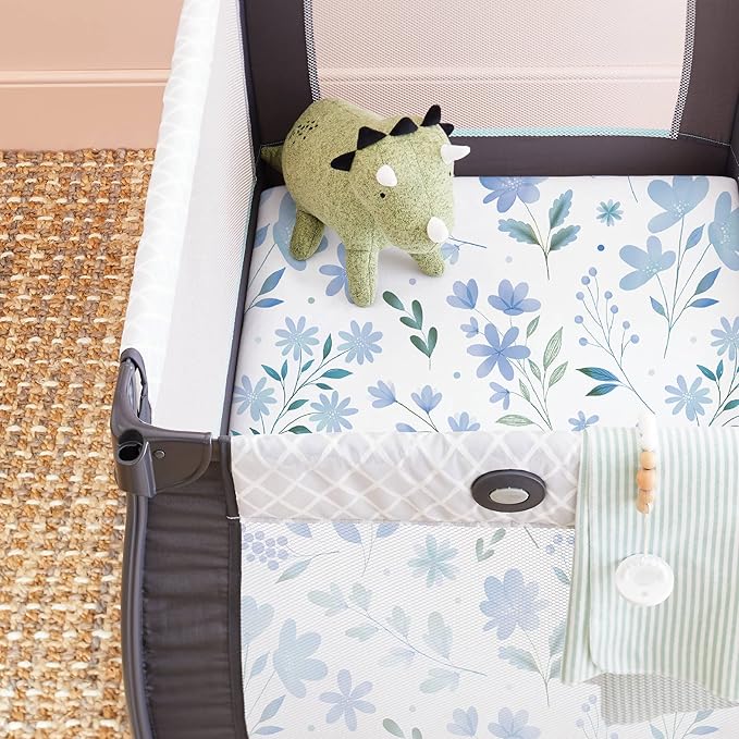 TotAha Premium Stretchy Pack N Play Playard Sheets | Mini Crib Sheets (2-Pack)-Hypoallergenic, Silky Comfort, AButtery Soft, Calming Effect, All-Season Jersey-Knit (Blue Flower & Small Floral)