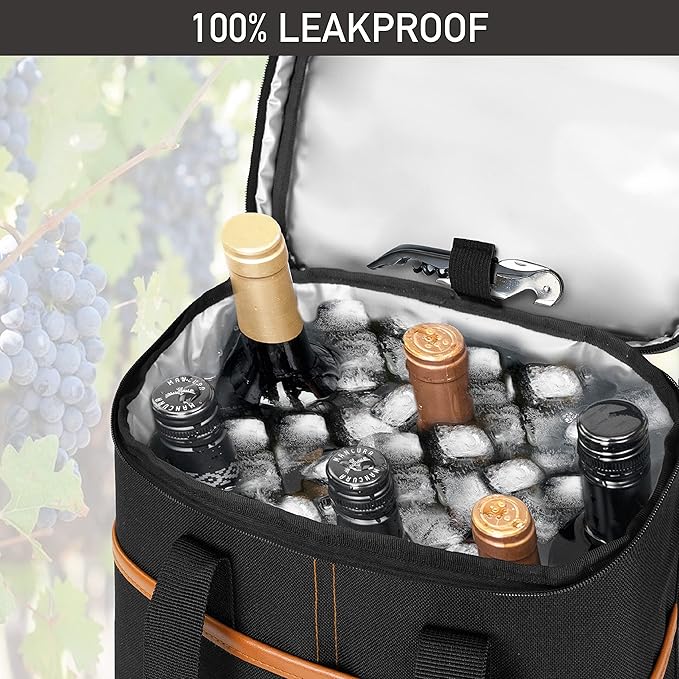 opux 6 Bottle Carrier Tote | Insulated Padded Wine Cooler Bag for Travel. Picnic, BYOB | Portable Leakproof Wine Tote Bag for Dinner, Party, Christmas, Wine Gift for Women, Men (Brown)