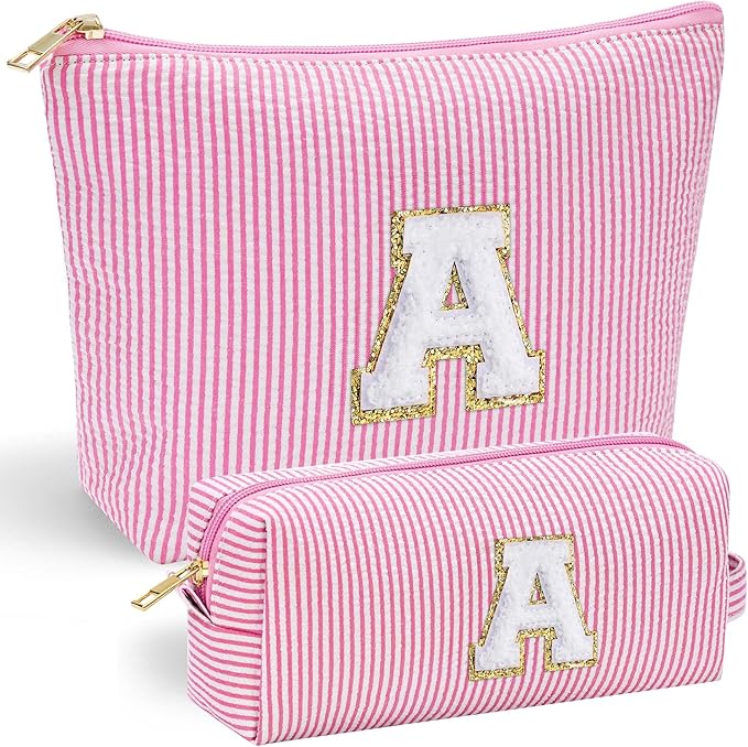 YOOLIFE Personalized Initial Makeup Bag for Women | Pink Cosmetic Travel Toiletry Bag | 11 12 13 14 15 16 Years Old Girl Gifts | Preppy Stuff Teen Girl Gift Trendy Stuff A