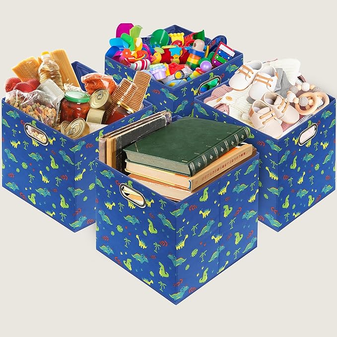 SIMPLE HOUSEWARE 13-Inch Collapsible Fabric Cube Storage Bin with Handles, Printed Design, 3 Pack, Blue
