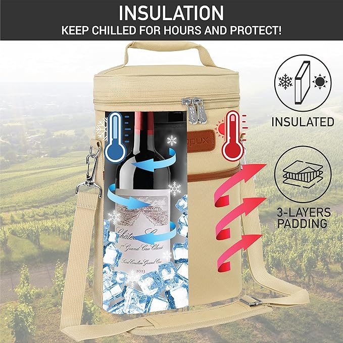 opux 2 Bottle Wine Carrier Tote, Insulated Leakproof Wine Cooler Bag, Wine Travel Bag Tote for Picnic Beach, Portable Wine Bottle Carrying Case, Gift for Wine Lover Women Men Christmas, Cream Beige