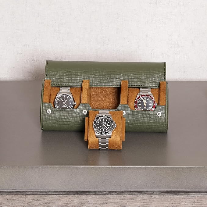 ROTHWELL Watch Roll Travel Case for 3 Watches | Tough Portable Protection, Fits All Wrist Watch & Smart Watches Up to 50mm (Green/Tan)
