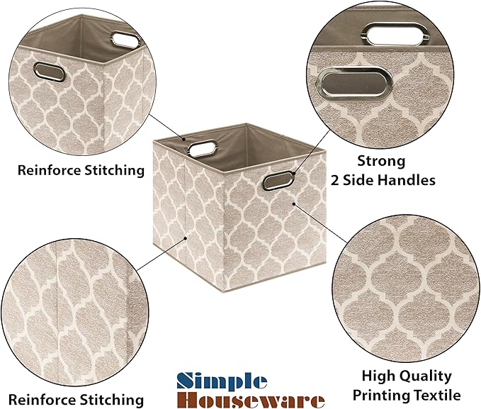 SIMPLE HOUSEWARE 13-Inch Collapsible Fabric Cube Storage Bin with Handles, Printed Design, 3 Pack, Beige