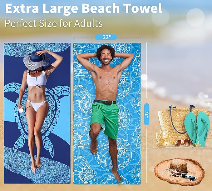 6 Pack Lightweight Thin Beach Towel Oversized 71"x32" Big Extra Large Microfiber Sand Free Towels for Adult Quick Dry Travel Camping Beach Accessories Vacation Essential Gift Turtles Shell Stripe Leaf