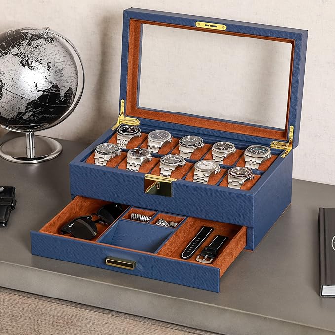 ROTHWELL 10-Slot Watch Box in Leather with Valet Drawer, Luxury Watch Case Display Organizer with Ultra Soft Microsuede Liner, Jewelry and Sunglass Holder With Large Glass top (Blue/Tan)