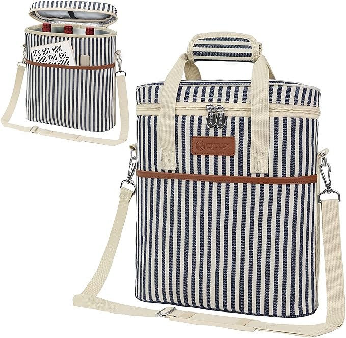 OPUX 3 Bottle Wine Carrier Tote, Insulated Leakproof Wine Cooler Bag, Wine Travel Bag Tote for Picnic BYOB Beach, Portable Wine Bottle Carrying Case, Gift for Wine Lover Women Men Christmas, Stripe