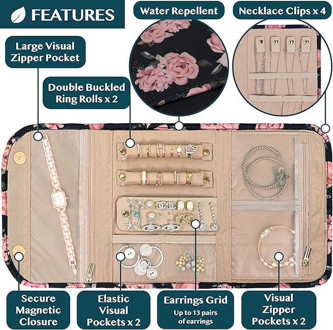 Pavilia Foldable Jewelry Organizer - Travel Roll Bag with Compartments for Earrings, Rings, Necklaces, Bracelets - Packing Accessory