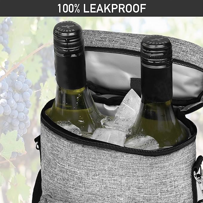 opux Wine Bag 2 Bottle Wine Tote Carrier, Insulated Wine Cooler Bag for Travel Picnic, Leakproof Portable Padded Case, Wine Gifts For Women Men Wine Lovers Christmas, Heather Gray