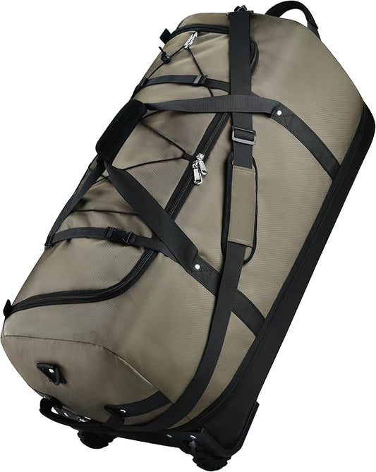 Rolling Duffle Bag with Wheels,110L/140L Expandable Soft-Sided Foldable Duffle Bag with 2 Rubber Wheels,Packable 32” Rolling Carry-On with Multi-Pockets & Compartments (Green)