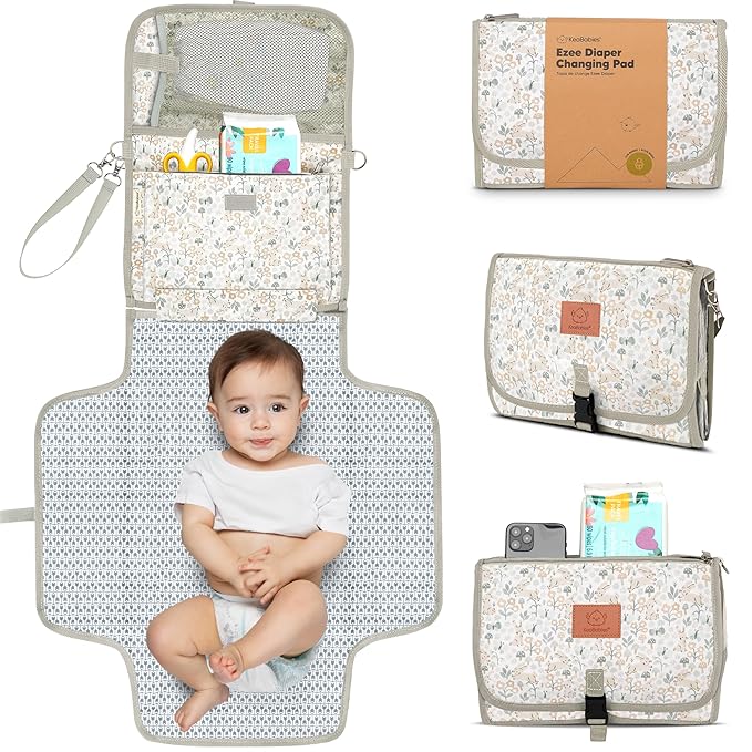 KeaBabies Portable Diaper Changing Pad - Large Waterproof Baby Changing Mat, Compact Travel Diaper Clutch, Functional Pockets Fit Newborn Essentials, Wipeable & Padded Baby Changer (Prairie)