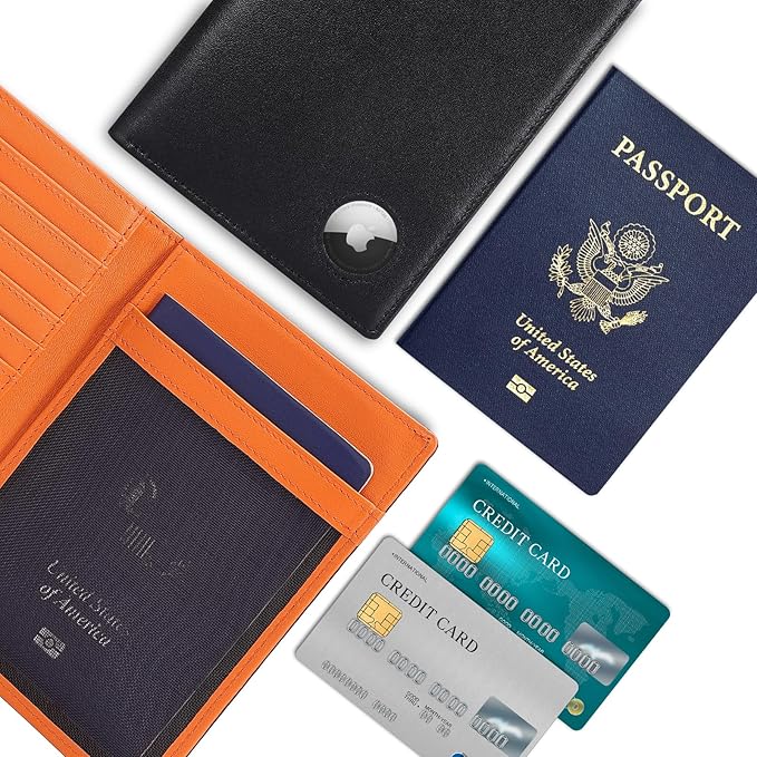 Polare Luxury RFID Blocking Leather Passport Holder Travel Wallet For Men and Women (Black/Brown with AirTag Slot)