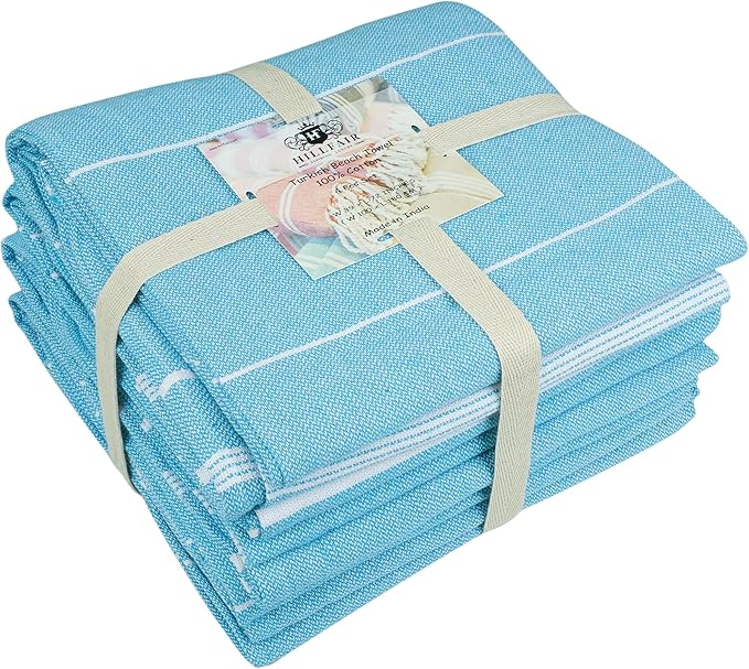 HILLFAIR Cotton Turkish Beach Towels, Quick Dry Lightweight Sand Free Peshtemal Towel for Bath Swim Yoga Pool Travel, Beach Accessories, Oversized Cotton Turkish Towels (39 x 72 inch- 4 Pack Sky)