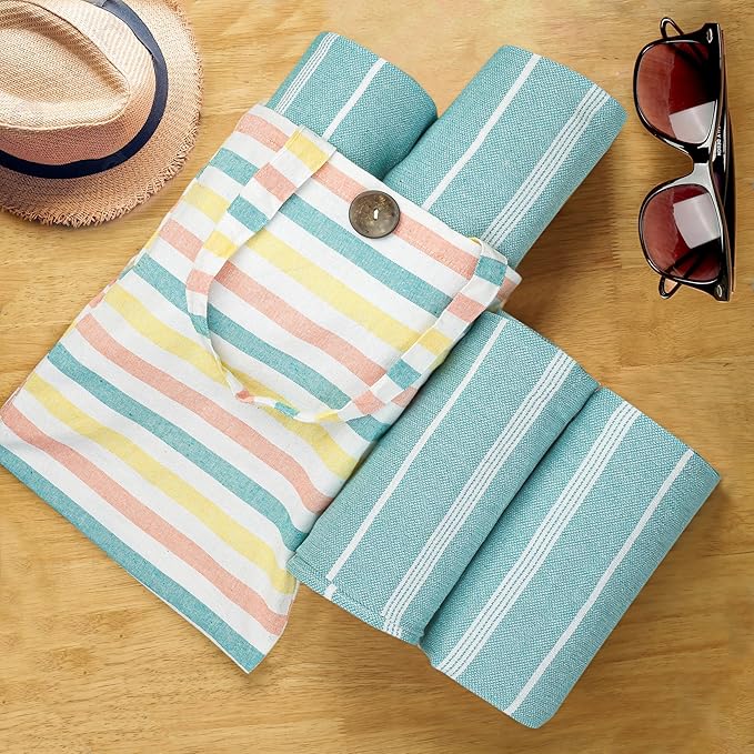 HILLFAIR Cotton Turkish Beach Towels, Quick Dry Lightweight Sand Free Peshtemal Towel for Bath Swim Yoga Spa Travel, Beach Accessories, Oversized Cotton Turkish Towels (39 x 72 inch- 4 Pack Aqua)