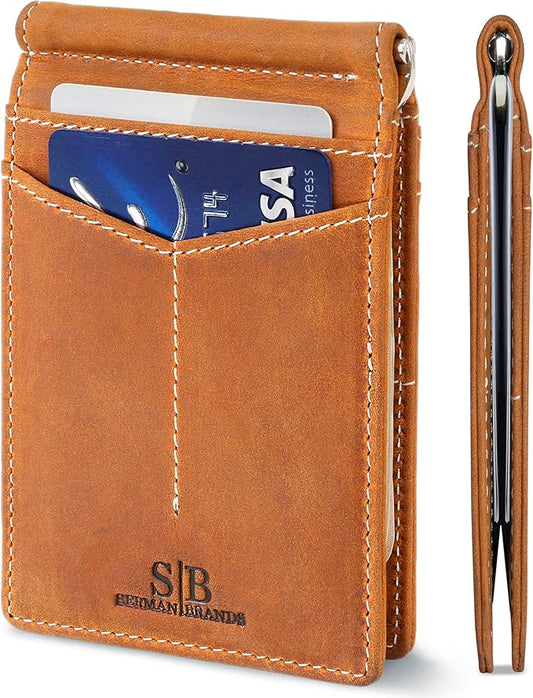 SERMAN BRANDS RFID Blocking Wallet Slim Bifold - Genuine Leather Minimalist Front Pocket Wallets for Men with Money Clip Gift