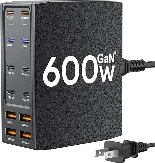 USB Charging Station (600W),12-Port USB C Charger Block with Dual 100W PD USB-C Fast Charging Station Hub for MacBook Pro/Air/All iPad Phone 17/16 15/14/13/Pro Max/Samsung Galaxy Note (Black)