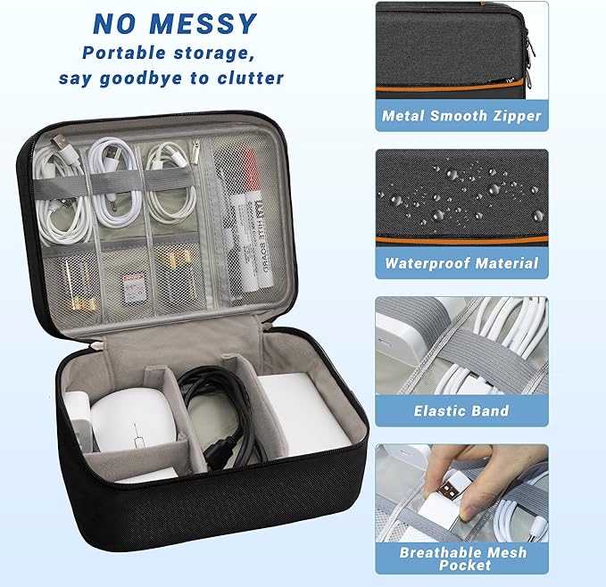 Electronics Organizer,Travel Cord Organizer Pouch, Portable Cable Organizer Bags, Waterproof Electronic Accessories Storage Case for Cables, Cords, Charger, Phone (Double Layer-Black)