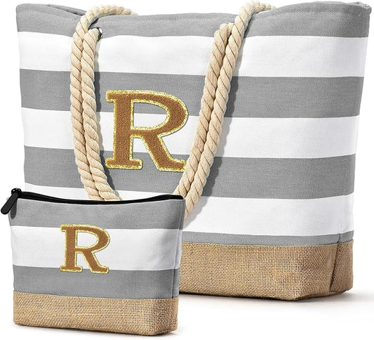 Becokan Beach Bag Initial Beach Tote with Makeup Bag for Travel Work Storage Personalized Birthday Gifts for Women Her
