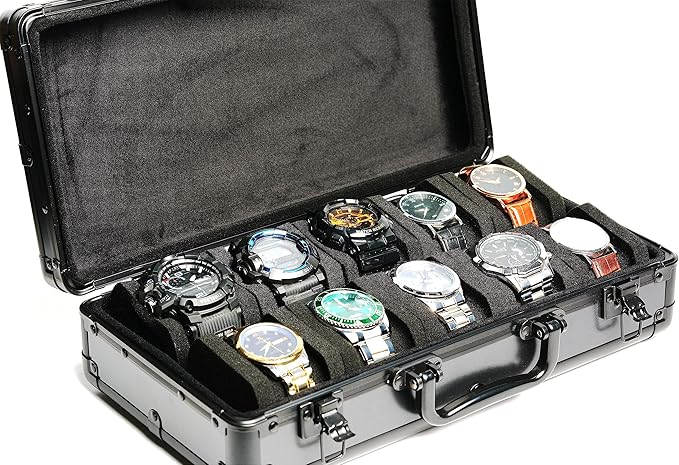 10 slots Aluminum watch case, Hard Deluxe watch storage organizer box with soft foam padding snug fit watches up to 55mm face