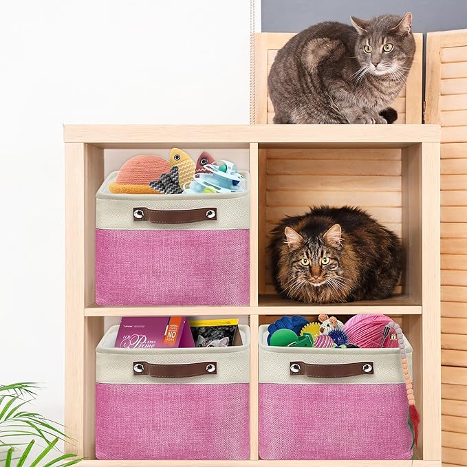 SIMPLE HOUSEWARE Large Fabric Storage Bin, 15" x 11" with Leather Like Handles, 3 Pack, Pink