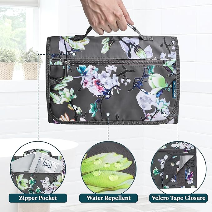 PAVILIA Hanging Toiletry Bag Women Men, Travel Kit Foldable Large Toiletries Organizer, Roll up Cosmetics Makeup Bag Accessories, Waterproof Essentials Jewelry Case (Floral Grey)