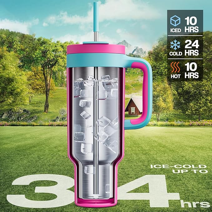 POWCAN 50 oz Tumbler with Handle, 2-in-1 Straw and Sip Lid, Leakproof, Dishwasher Safe, Insulated Stainless Steel Travel Coffee Mug, Keeps Cold for 34 Hours, Fits in Car Cup Holder (Petal)