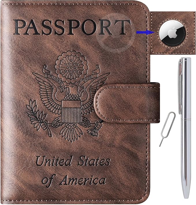 Airtag Passport Holder Cover Wallet Travel Essentials Leather Rfid Blocking Case Vacation Luggage Must Haves Travel Accessories for Men Women (117#Coffee)