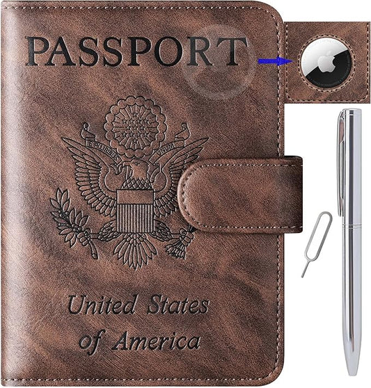 Airtag Passport Holder Cover Wallet Travel Essentials Leather Rfid Blocking Case Vacation Luggage Must Haves Travel Accessories for Men Women (117#Coffee)