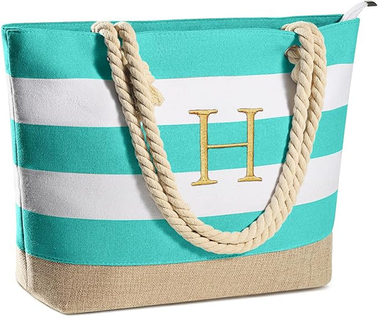 YOOLIFE Initial Canvas Waterproof Beach Tote Bag Zipper Personalized Gifts for Women Her Birthday Travel Beach Essential