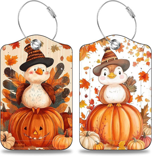 2 Pcs Cartoon Turkey and Pumpkin Luggage Tags for Suitcases Autumn PU Leather Baggage Tags Name ID Label with Privacy Cover and Stainless Steel Loop for Men Women Travel Bag Suitcase