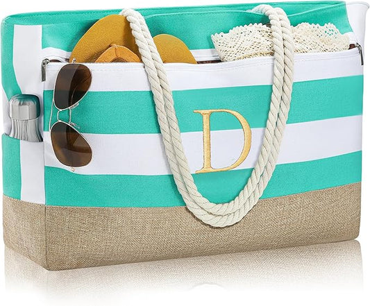 YOOLIFE Large Initial Beach Bag Waterproof Tote Zipper Bag Personalized Gifts for Women Her Birthday Travel Beach Essential