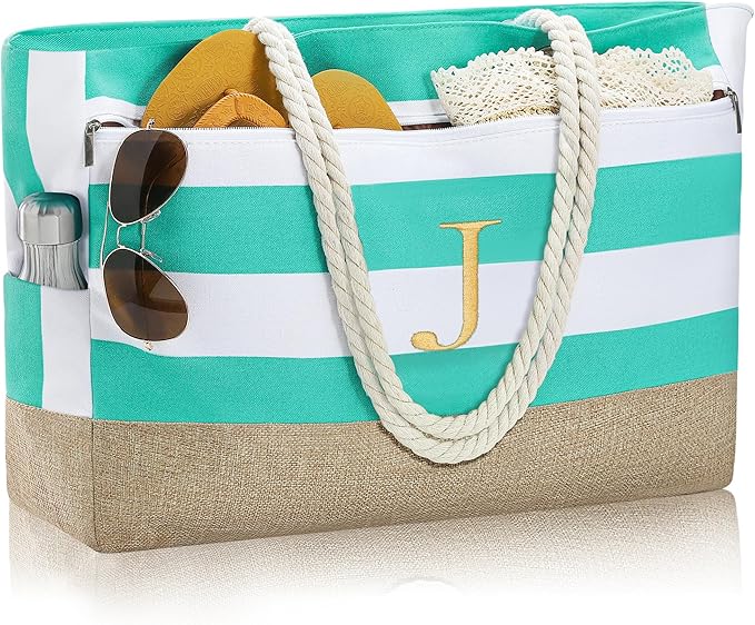 YOOLIFE Large Initial Beach Bag Waterproof Tote Zipper Bag Personalized Gifts for Women Her Birthday Travel Beach Essential