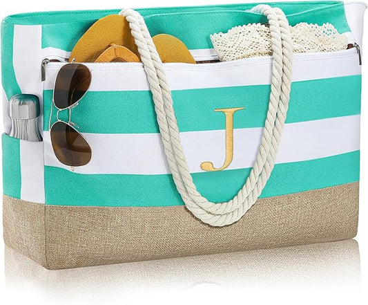 YOOLIFE Large Initial Beach Bag Waterproof Tote Zipper Bag Personalized Gifts for Women Her Birthday Travel Beach Essential