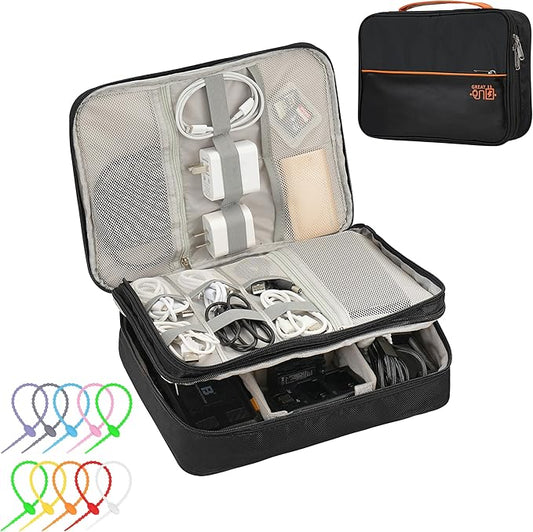 Electronics Accessories Organizer Bag, Waterproof Double LayerTravel Cable Organizer Case for Cords, Charger, Power Bank,Hard Drive, Mouse -Shockproof Tech Storage Pouch (Classic-two layers-Black)