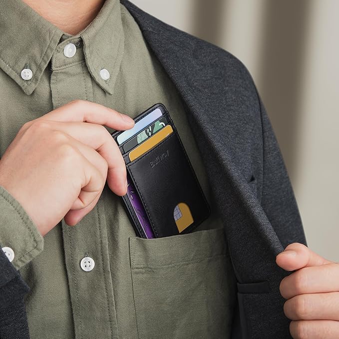 Buffway Slim Minimalist Front Pocket RFID Blocking Leather Wallets for Men and Women - Slate Black