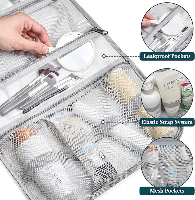PAVILIA Hanging Toiletry Bag Women Men, Travel Kit Foldable Large Toiletries Organizer, Roll up Cosmetics Makeup Bag Accessories, Waterproof Essentials Jewelry Case (Heather Grey)