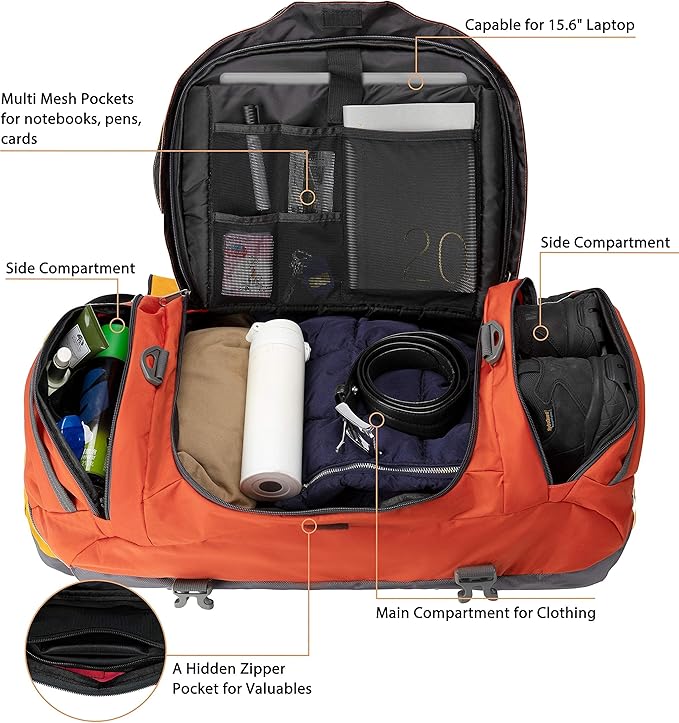 Ubon Large Duffel Bag Weekender Bags with Shoe Compartments 4-Way Sports Gym Backpack with Padded Straps Camping Traveling Duffle Bag