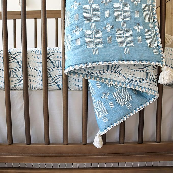 Crane Baby Soft Cotton Crib Mattress Sheet, Fitted Sheet for Cribs and Toddler Beds, Indigo Blue, 28”w x 52”h x 9”d
