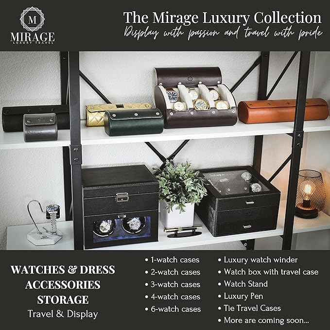 2 Watches Travel Case for Men - Mirage Watch Roll - Jade Black/Ivory White Vegan Leather
