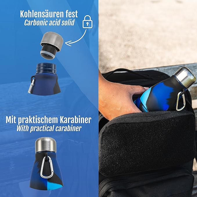 Foldable Drinking Bottle - BPA-free, leak-proof - Ideal festival accessory and practical outdoor companion with carabiner (Dark blue)