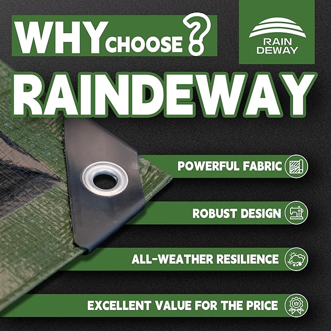 10x20 Feet Tarp Waterproof,9Mil Thick,Finished Size Tarps,UV Resistant,Durable,Multipurpose Poly Tarp Cover with Metal Grommets and Reinforced Edges,Green/Black by RAINDEWAY