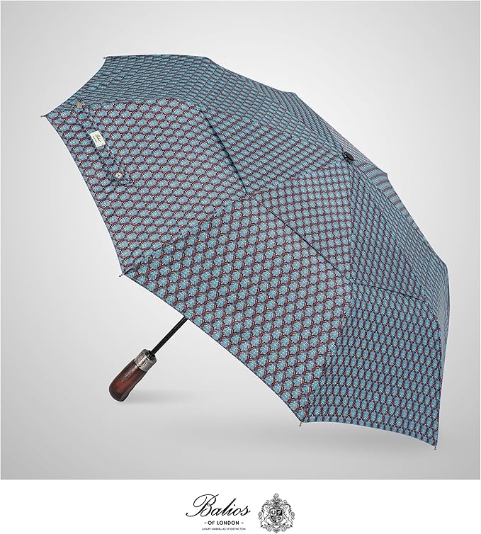 Balios Travel Folding Umbrella with Real Wood Handle Auto Open Close Vented Windproof Canopy - Designed in UK